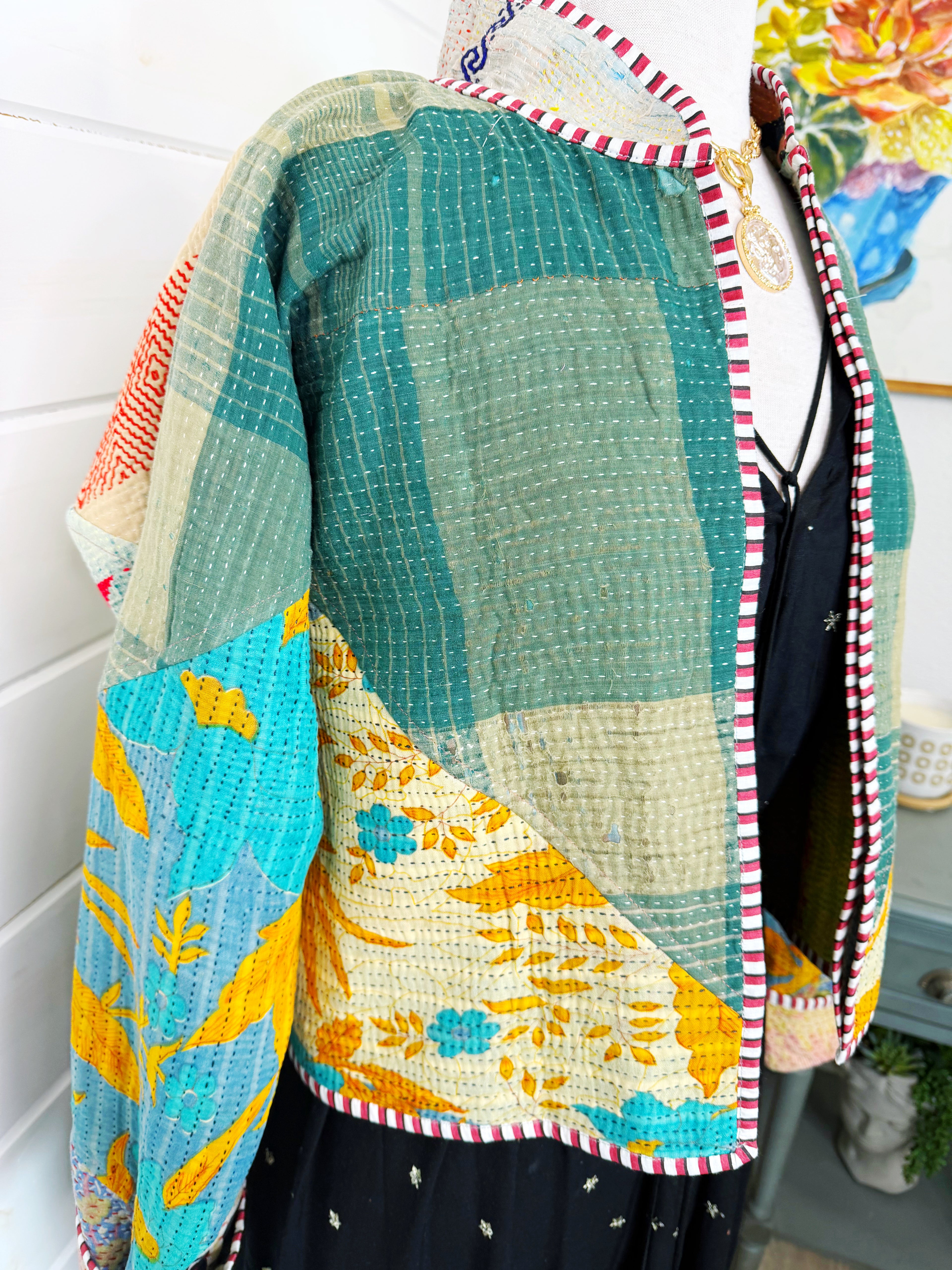 Boho Patchwork Kantha Jacket – Handmade Quilted & Reversible Blanket Coat