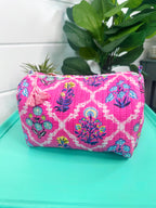 Pink Wildflowers Printed Quilted Makeup Cosmetics Toiletry Bag