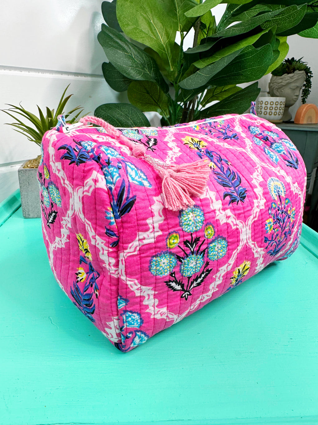 Pink Wildflowers Printed Quilted Makeup Cosmetics Toiletry Bag