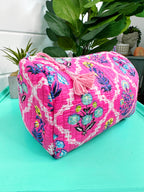 Pink Wildflowers Printed Quilted Makeup Cosmetics Toiletry Bag