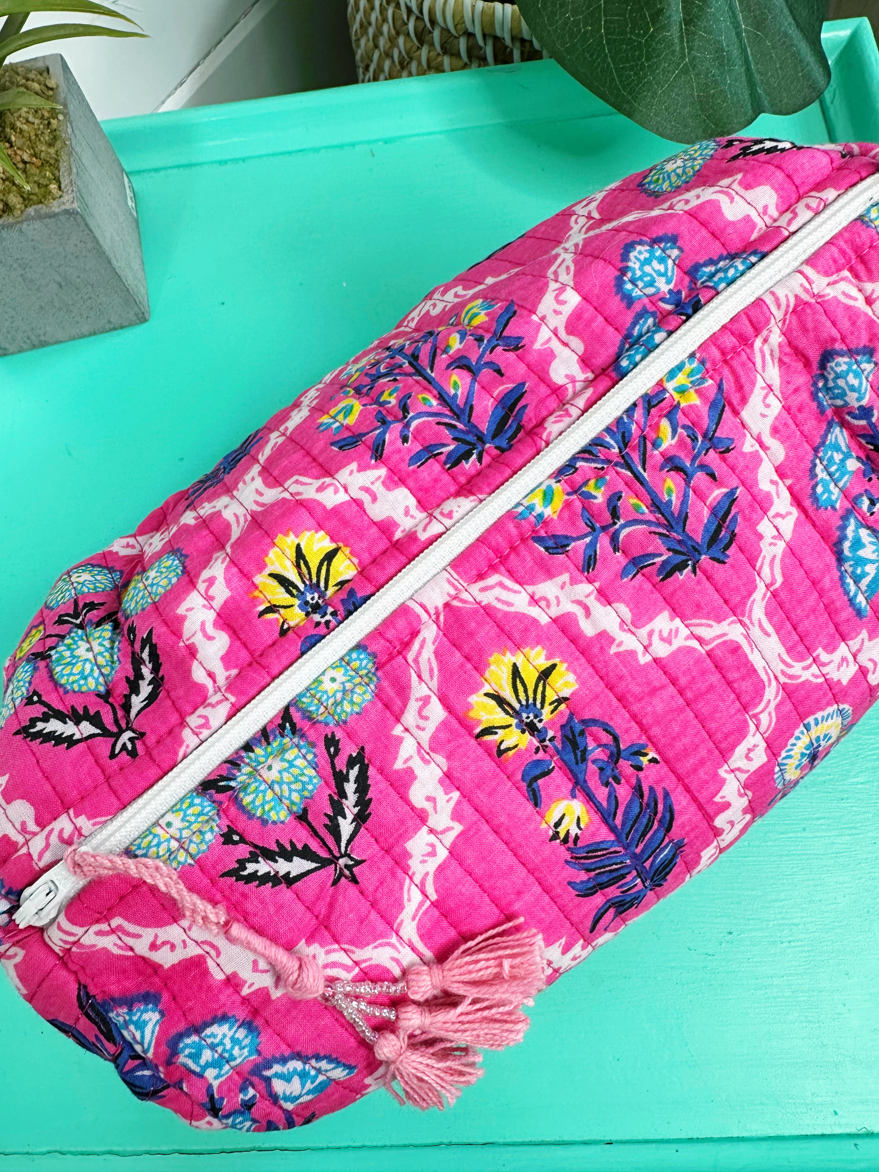 Pink Wildflowers Printed Quilted Makeup Cosmetics Toiletry Bag
