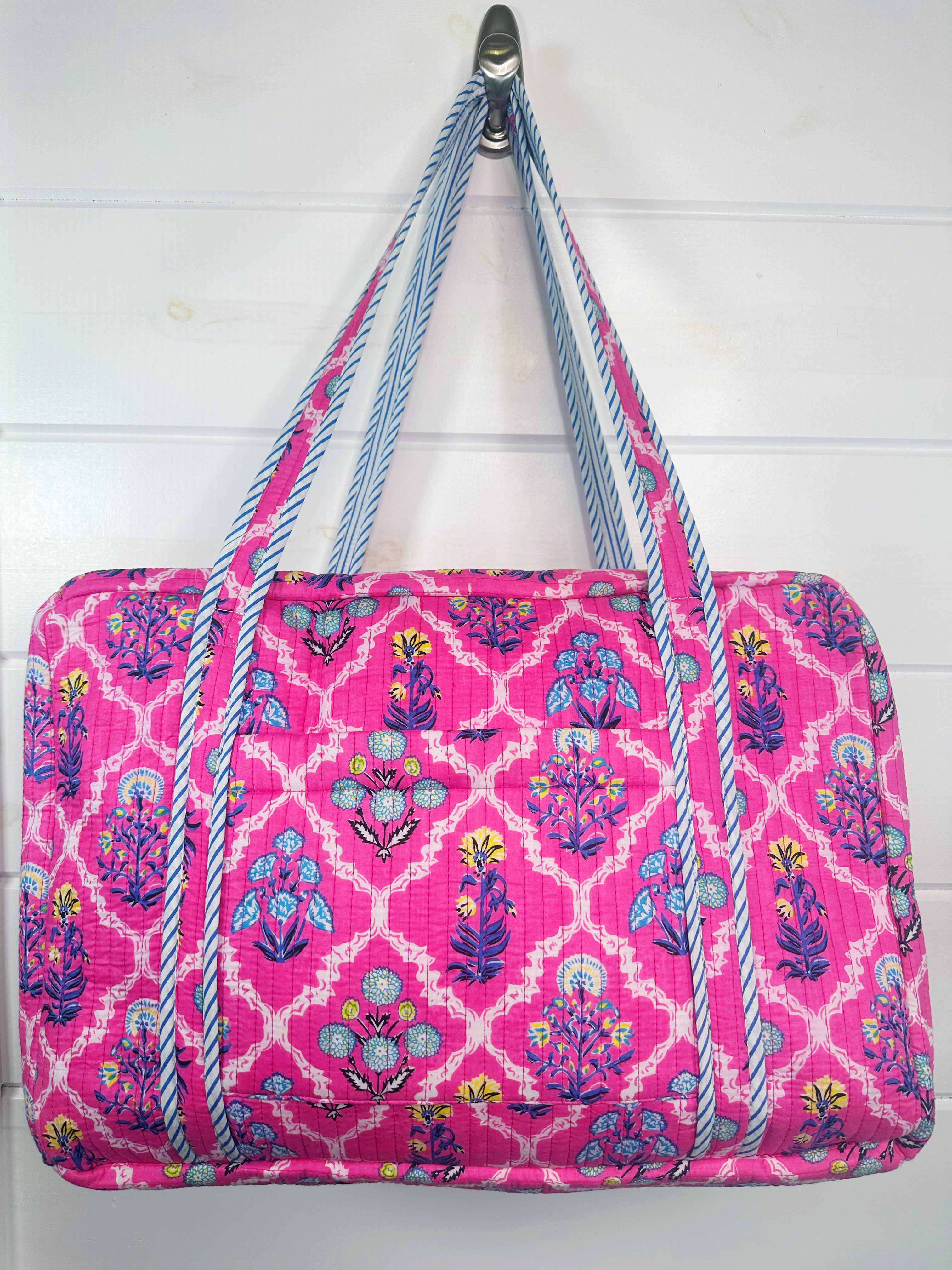 Pink Wildflowers Printed  Quilted Weekender Overnight Bag