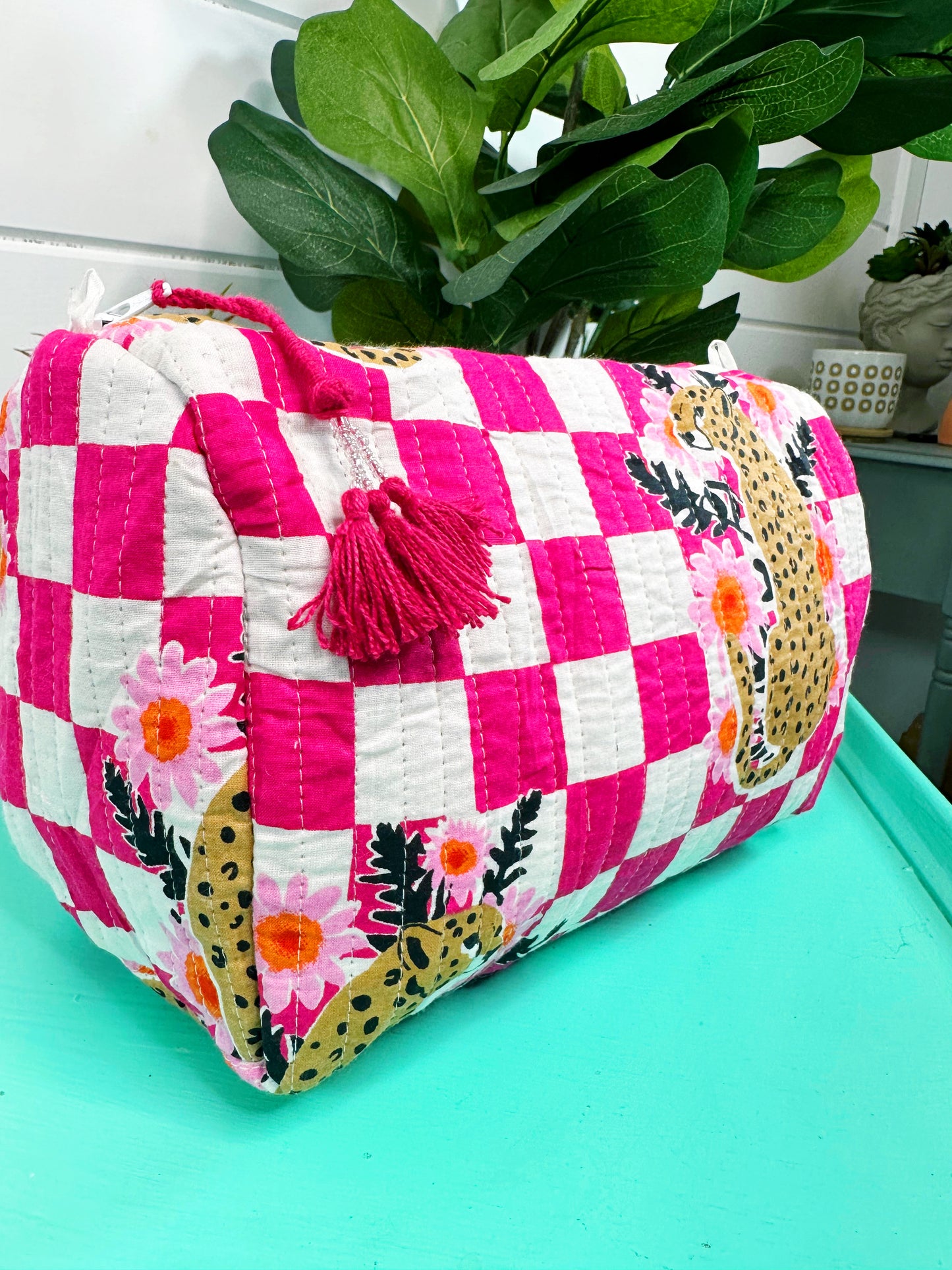 Pink Checkered Jaguar Print Quilted Makeup Cosmetics Toiletry Bag