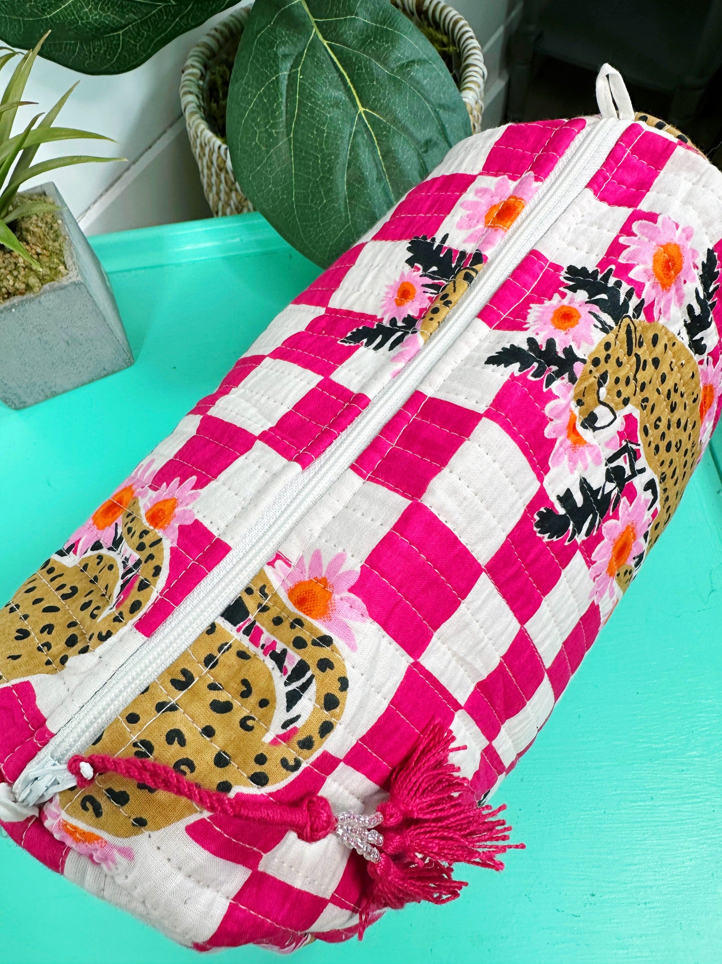 Pink Checkered Jaguar Print Quilted Makeup Cosmetics Toiletry Bag
