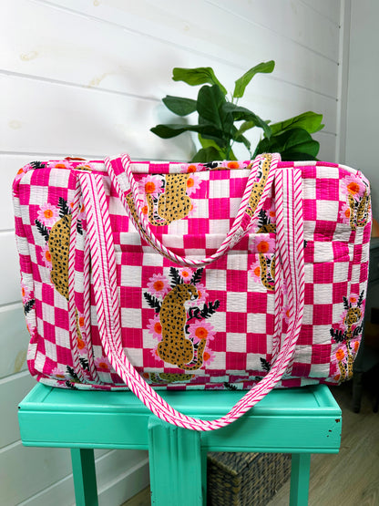 Pink Checkered Jaguar Print Quilted Weekender Overnight Bag