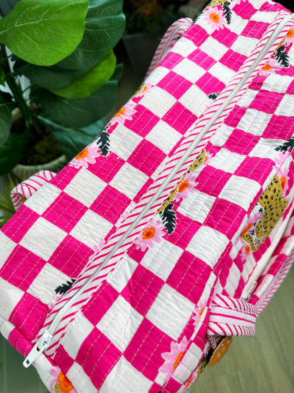 Pink Checkered Jaguar Print Quilted Weekender Overnight Bag