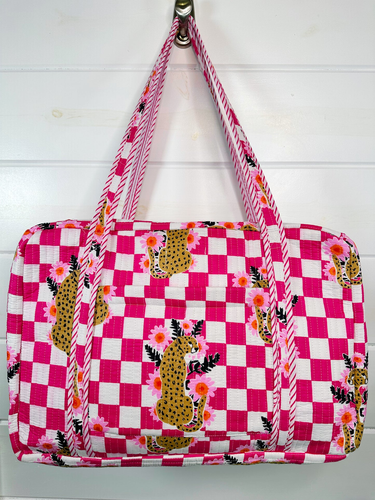Pink Checkered Jaguar Print Quilted Weekender Overnight Bag