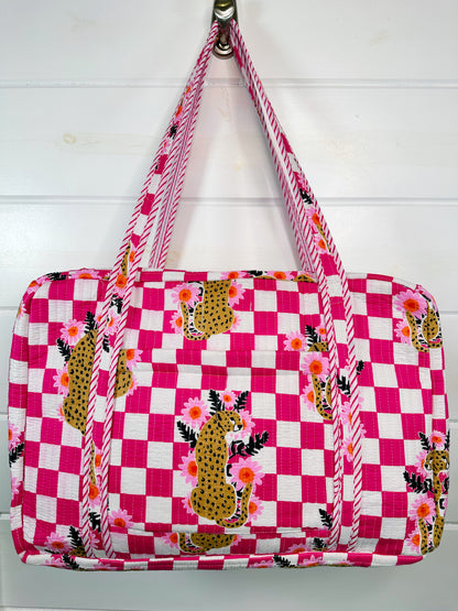 Pink Checkered Jaguar Print Quilted Weekender Overnight Bag