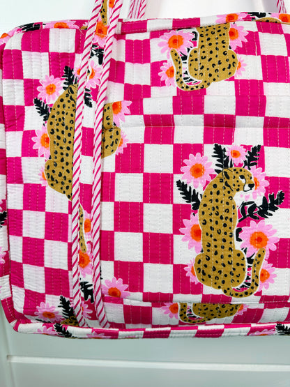 Pink Checkered Jaguar Print Quilted Weekender Overnight Bag