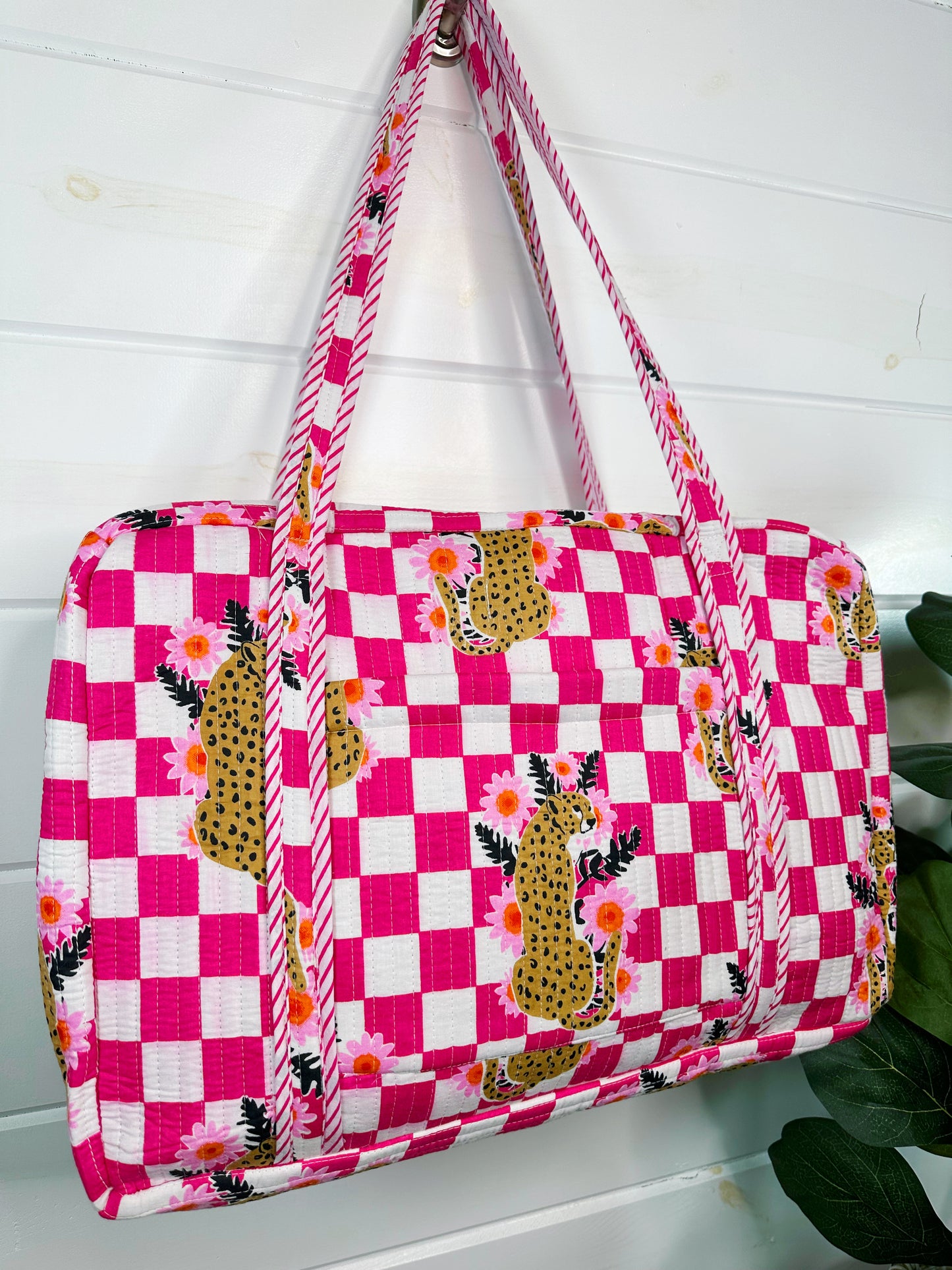 Pink Checkered Jaguar Print Quilted Weekender Overnight Bag