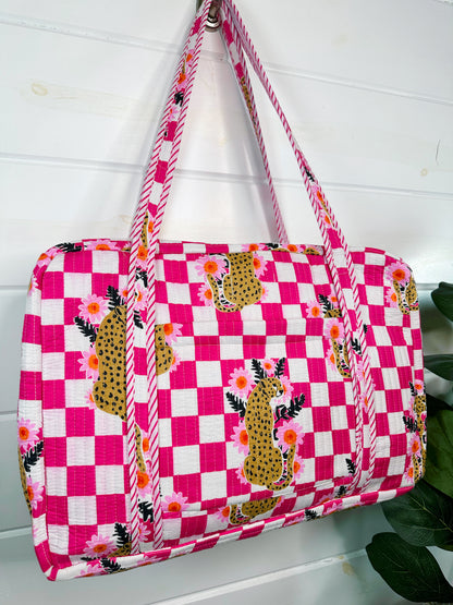 Pink Checkered Jaguar Print Quilted Weekender Overnight Bag