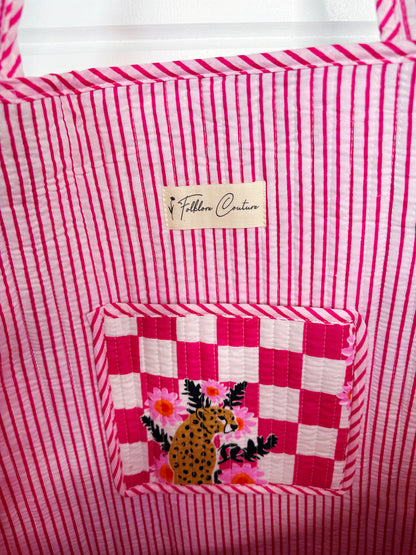 Pink Checkered Jaguar Print Quilted Cotton Tote Bag