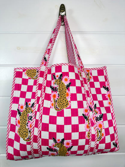 Pink Checkered Jaguar Print Quilted Cotton Tote Bag