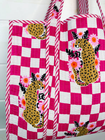 Pink Checkered Jaguar Print Quilted Cotton Tote Bag