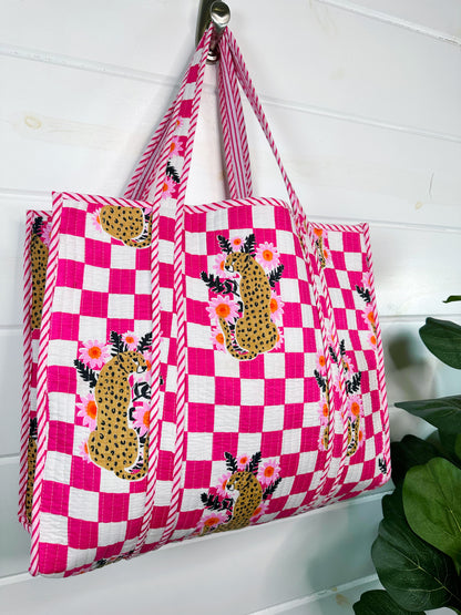 Pink Checkered Jaguar Print Quilted Cotton Tote Bag
