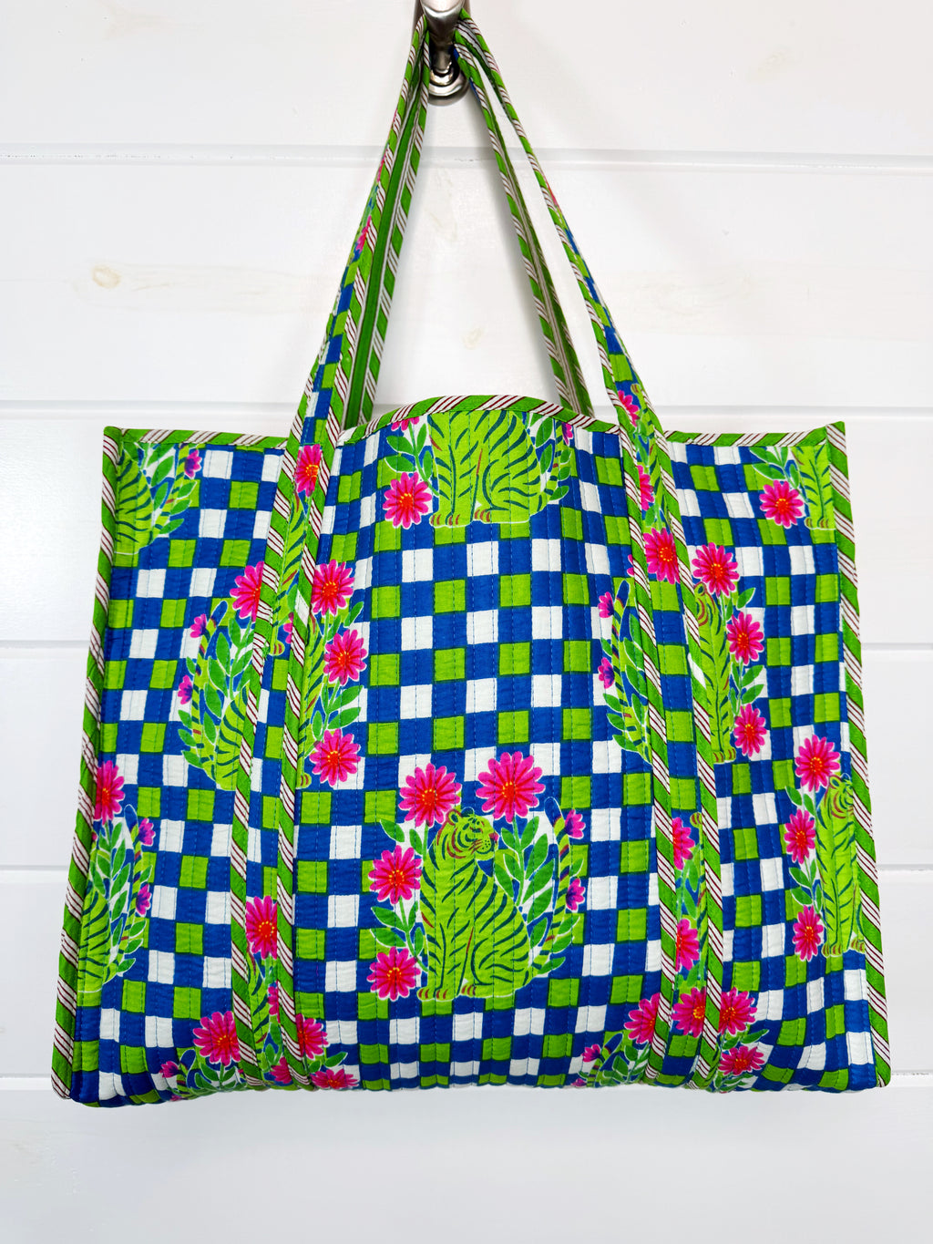 Large Quilted Travel Tote Bag - Blue Green Checkered Tiger