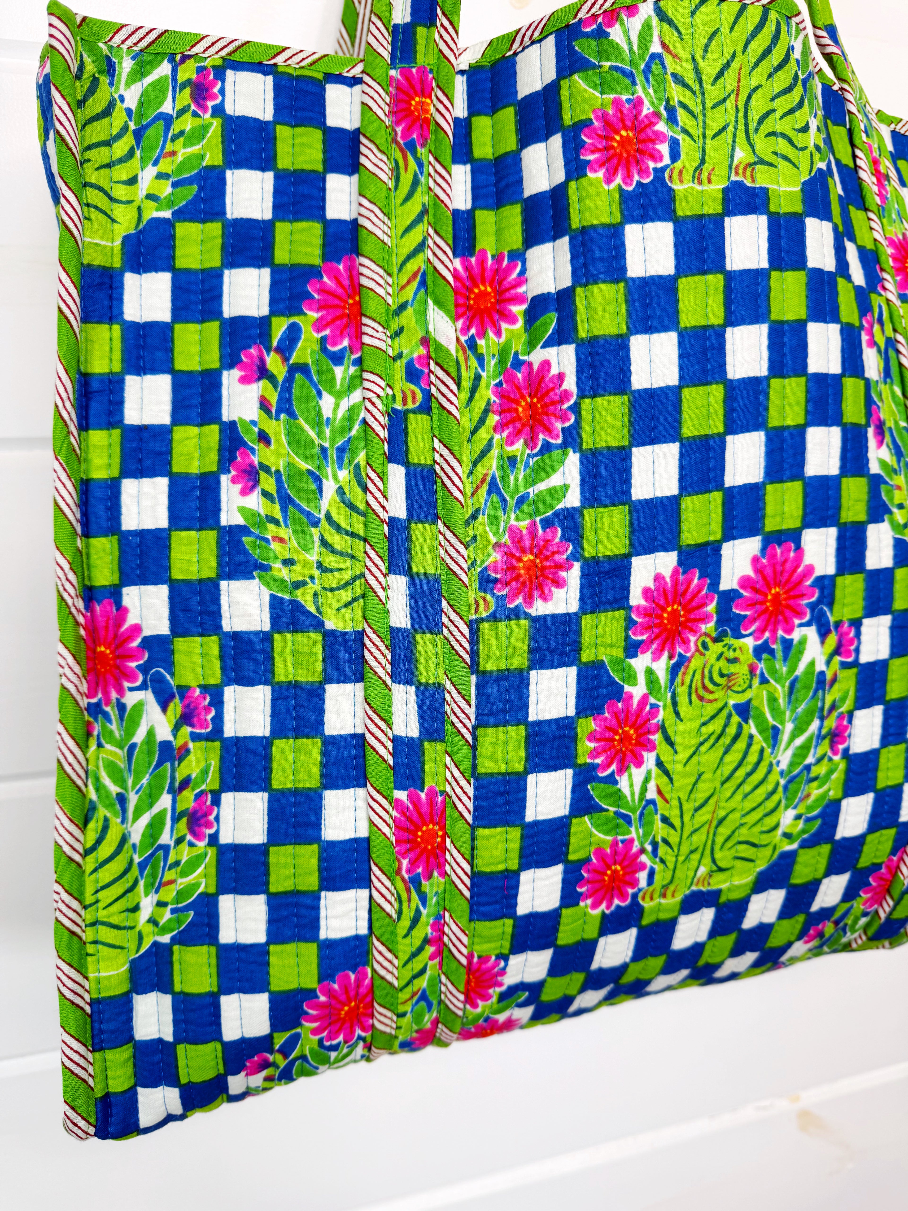 Large Quilted Travel Tote Bag - Blue Green Checkered Tiger