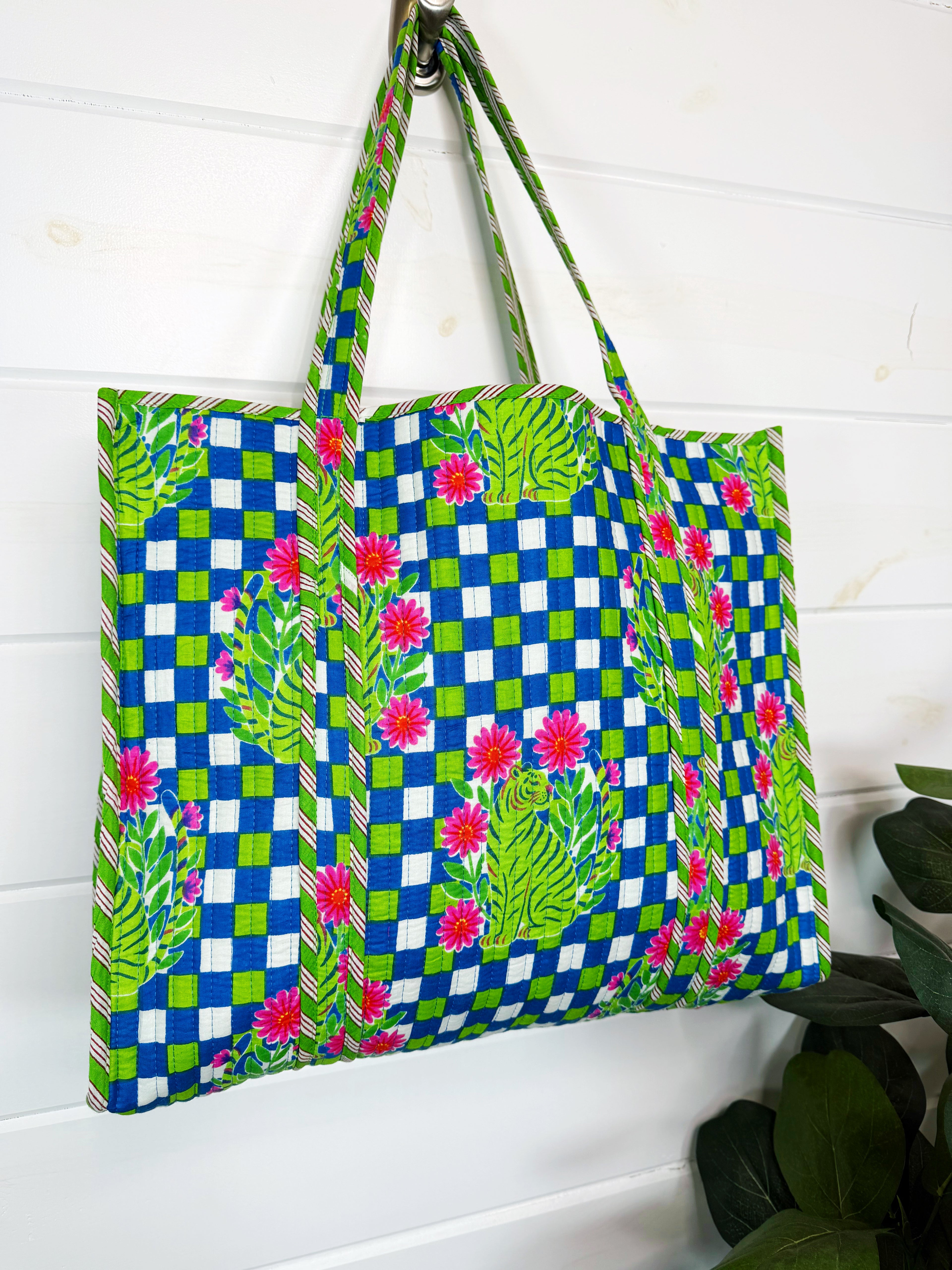 Large Quilted Travel Tote Bag - Blue Green Checkered Tiger