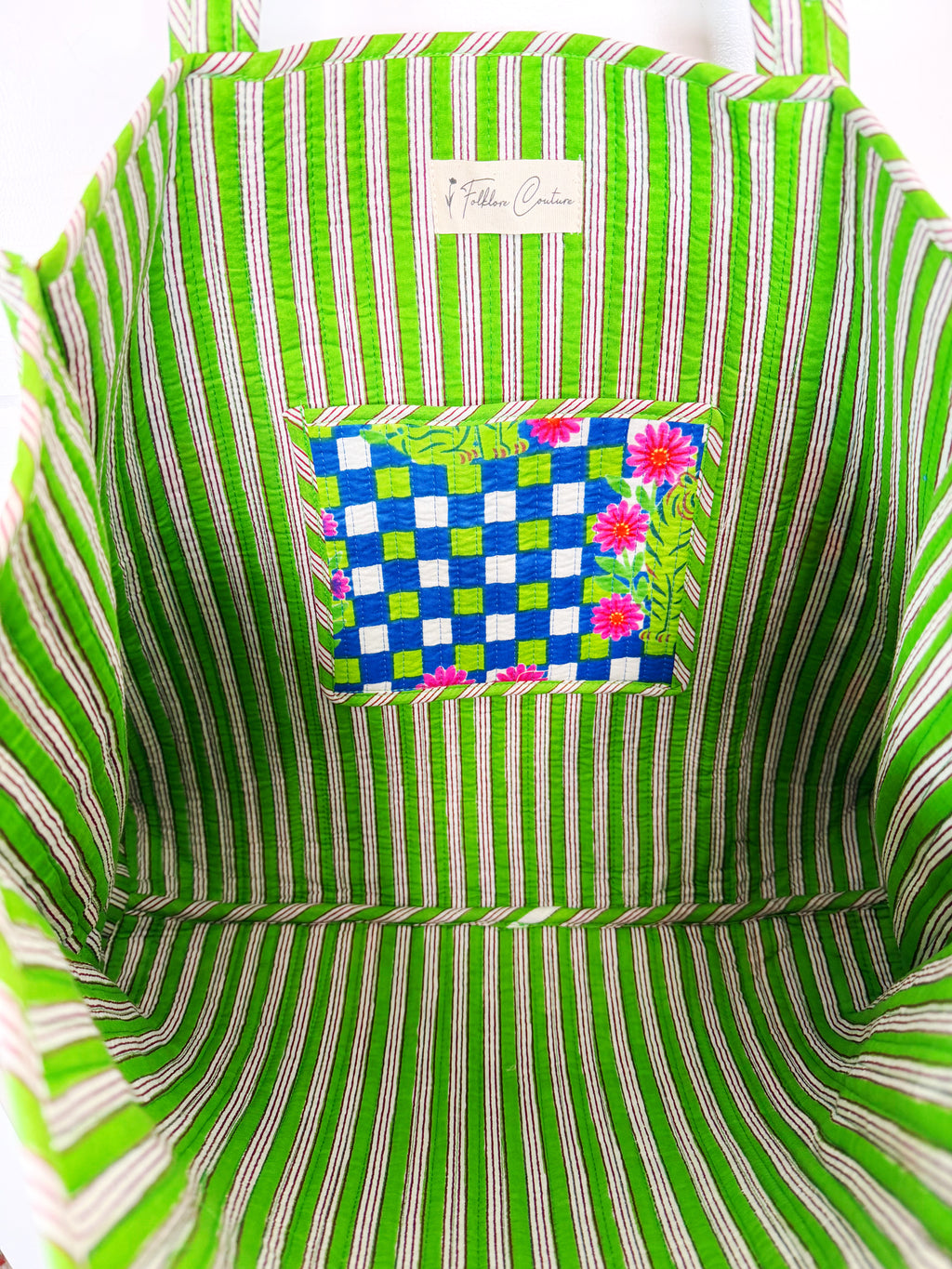 Large Quilted Travel Tote Bag - Blue Green Checkered Tiger