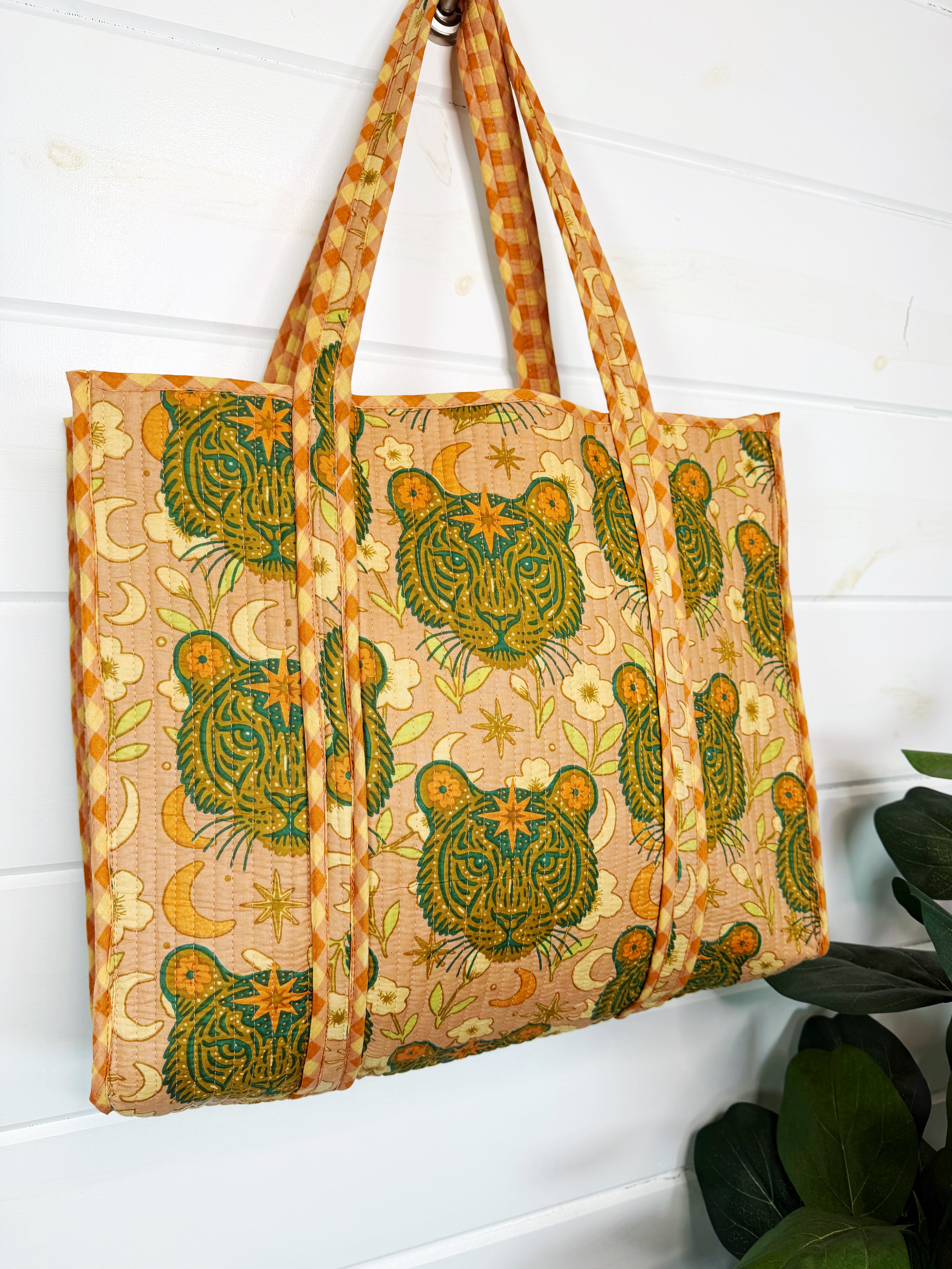 Quilted Cotton Reversible Large Tote Bag - Sandstone Celestial Tiger