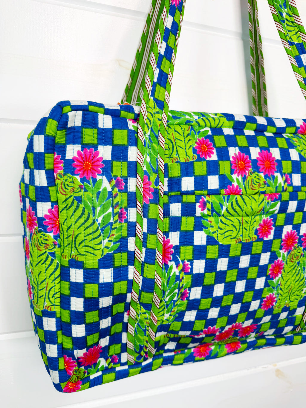 Quilted Overnight Bag - Blue Green Checkered Tiger