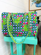 Quilted Overnight Bag - Blue Green Checkered Tiger