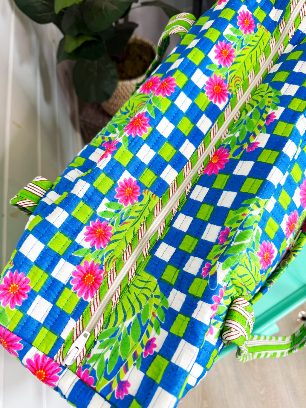 Quilted Overnight Bag - Blue Green Checkered Tiger