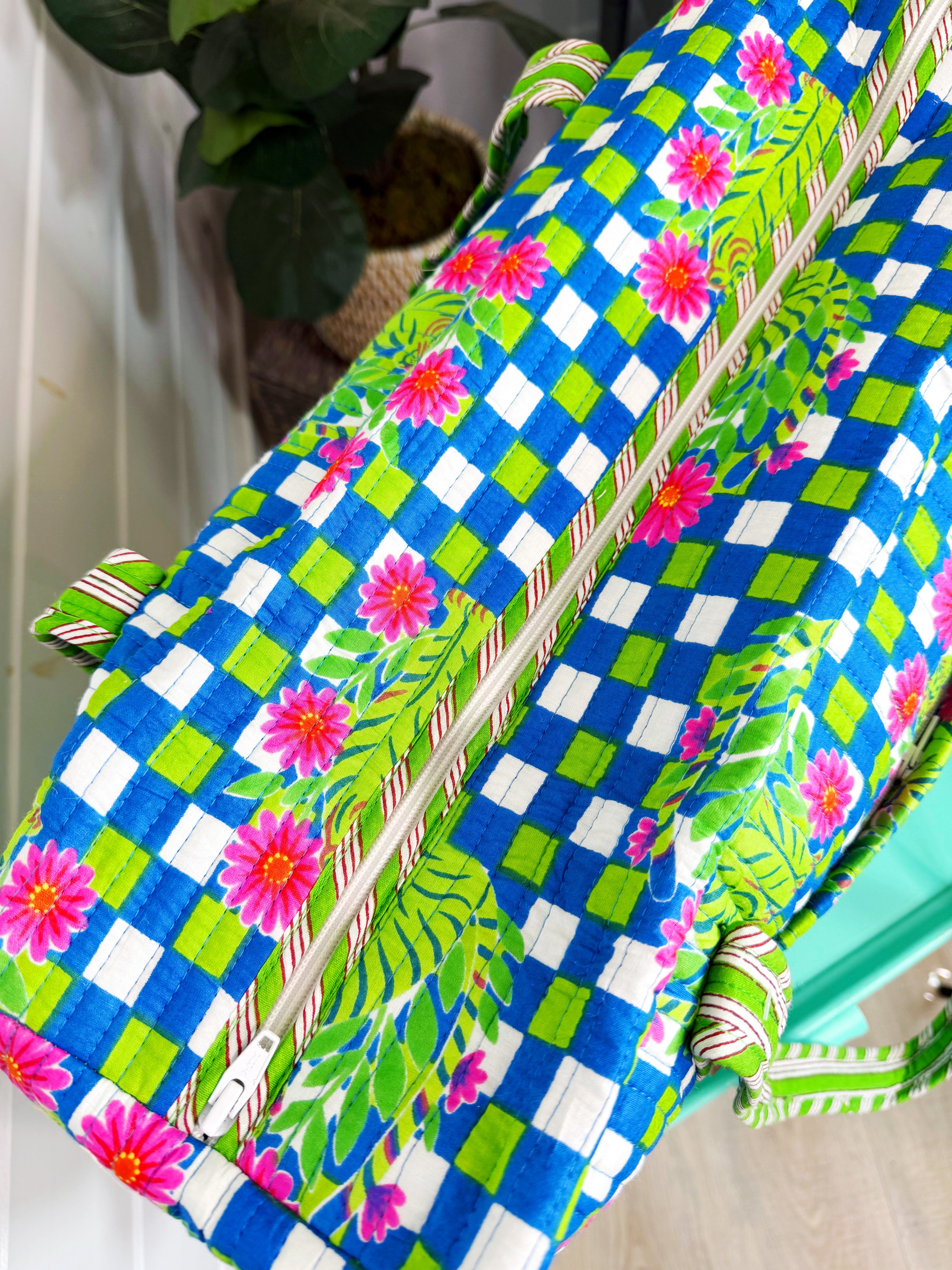 Quilted Overnight Bag - Blue Green Checkered Tiger