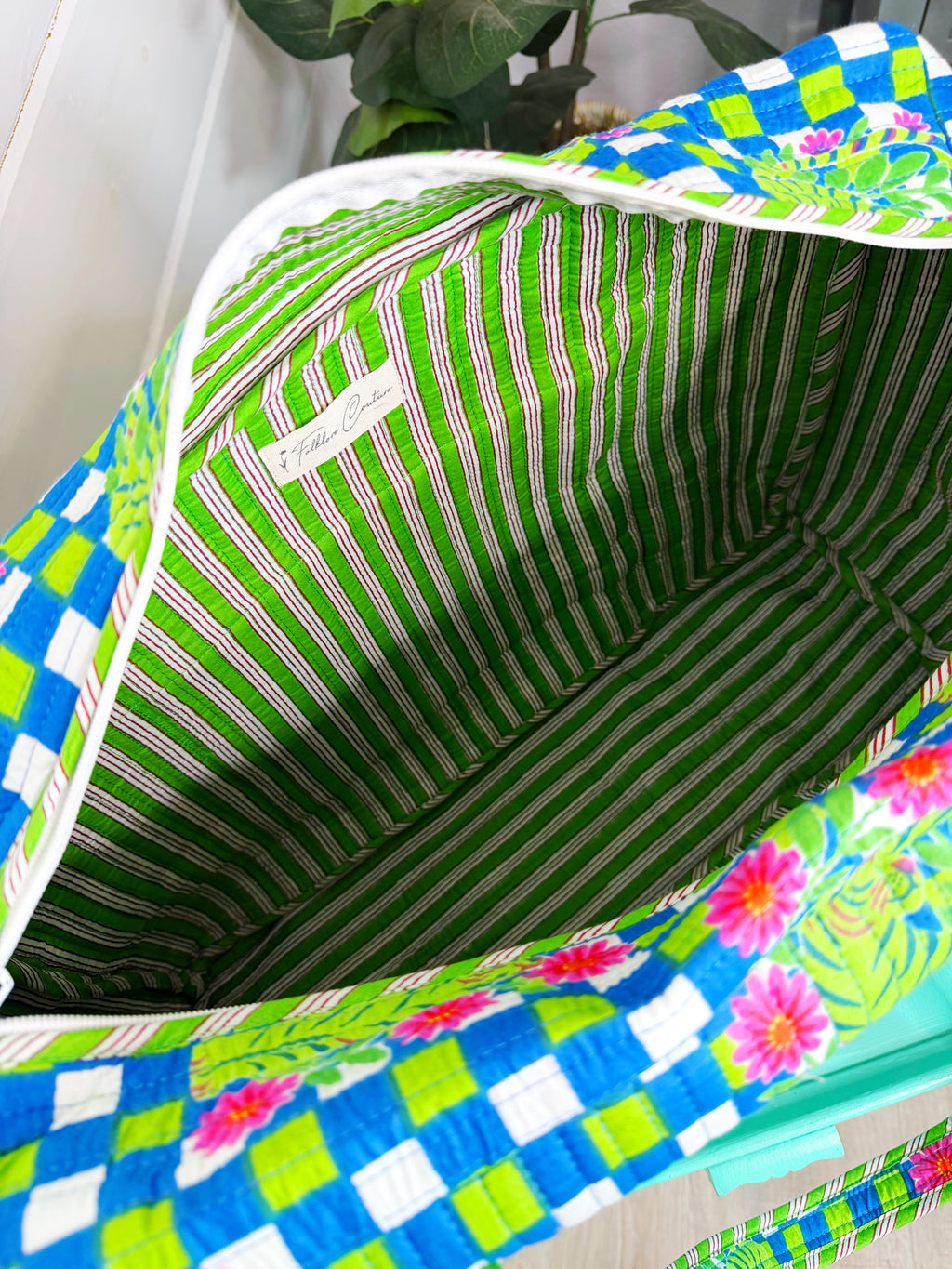 Quilted Overnight Bag - Blue Green Checkered Tiger