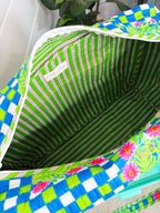 Quilted Overnight Bag - Blue Green Checkered Tiger