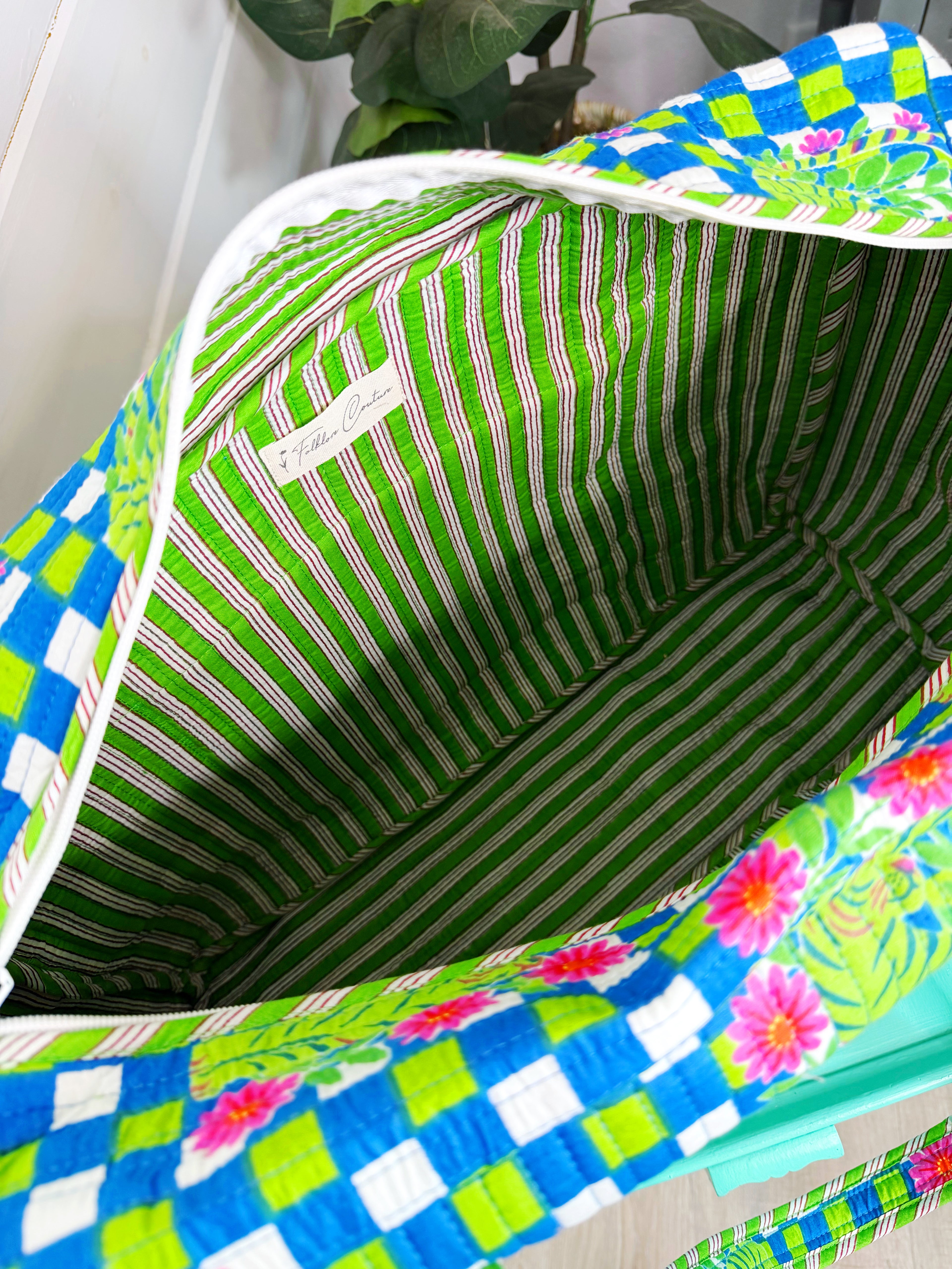 Quilted Overnight Bag - Blue Green Checkered Tiger