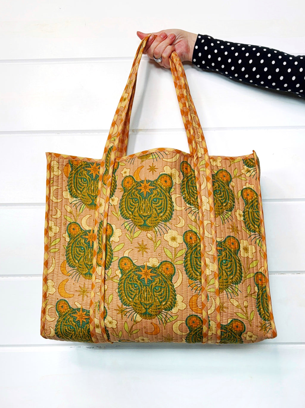 Quilted Cotton Reversible Large Tote Bag - Sandstone Celestial Tiger