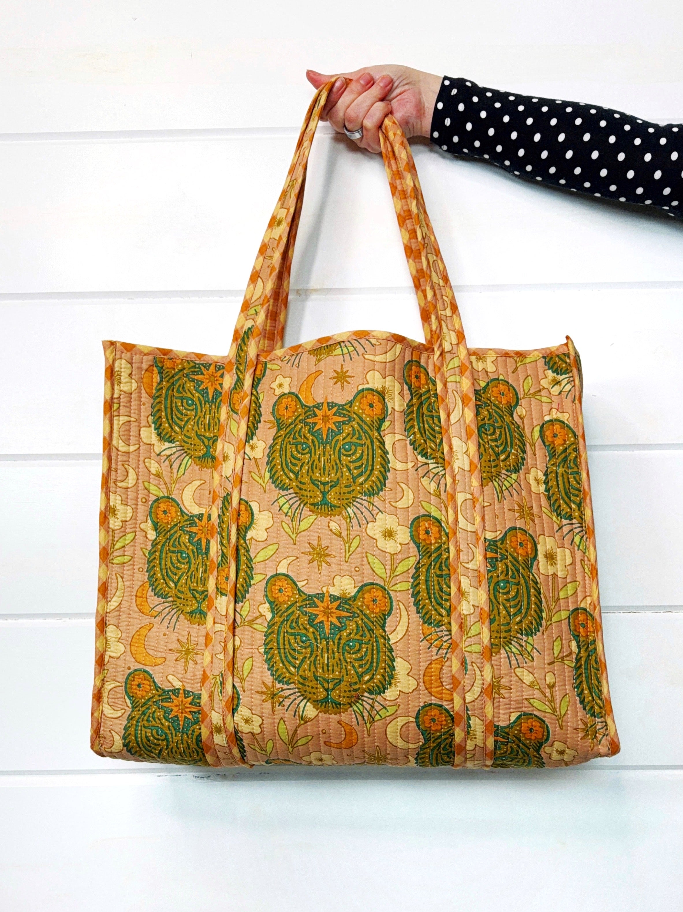Quilted Cotton Reversible Large Tote Bag - Sandstone Celestial Tiger