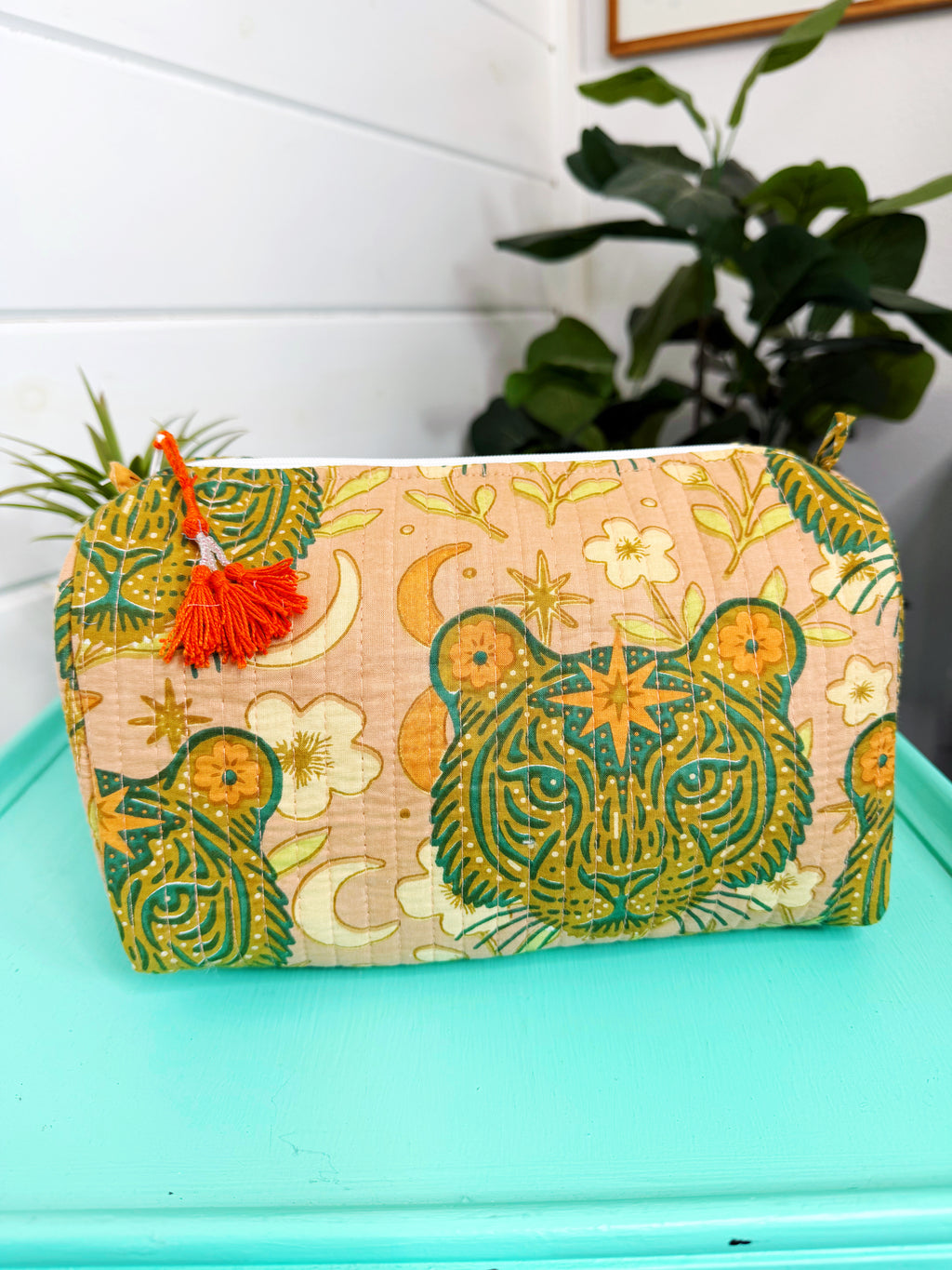 Quilted Makeup Cosmetics Toiletry Bag - Sandstone Celestial Tiger