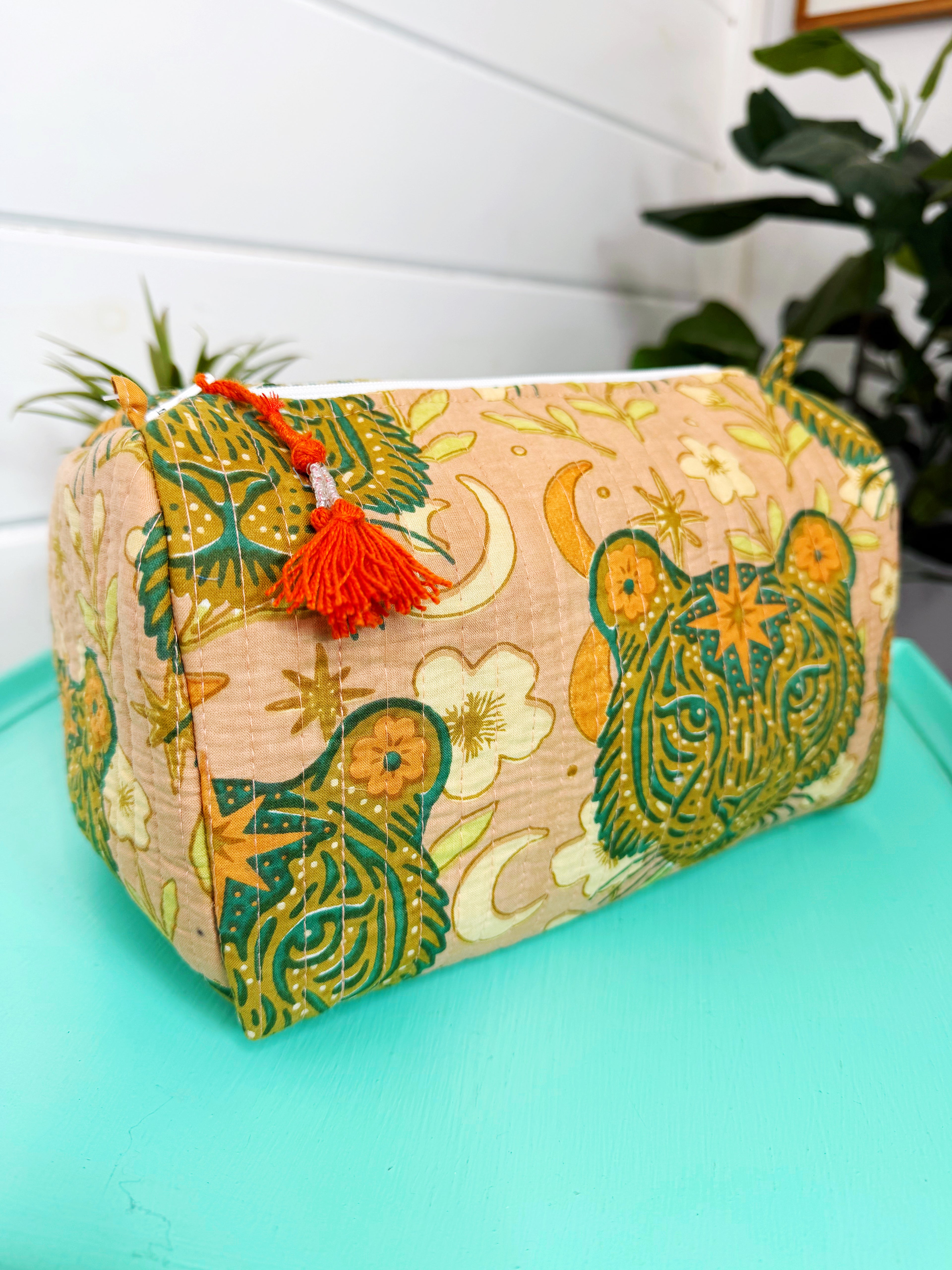 Quilted Makeup Cosmetics Toiletry Bag - Sandstone Celestial Tiger
