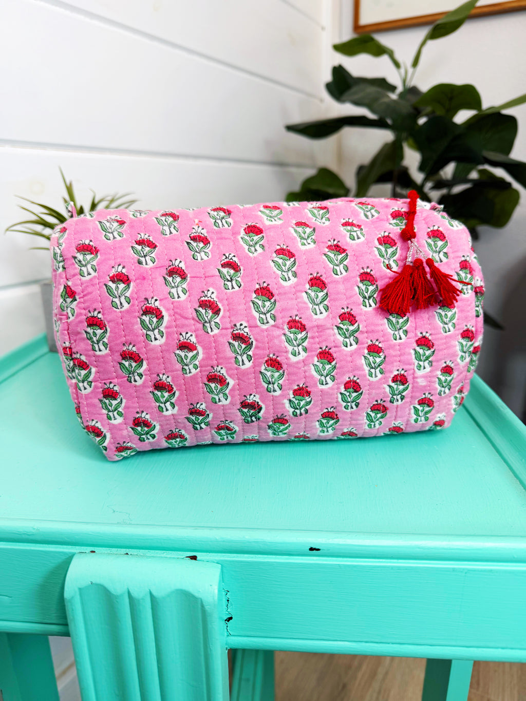 Pink and Red Floral Print Quilted Makeup Cosmetics Toiletry Bag