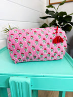 Pink and Red Floral Print Quilted Makeup Cosmetics Toiletry Bag
