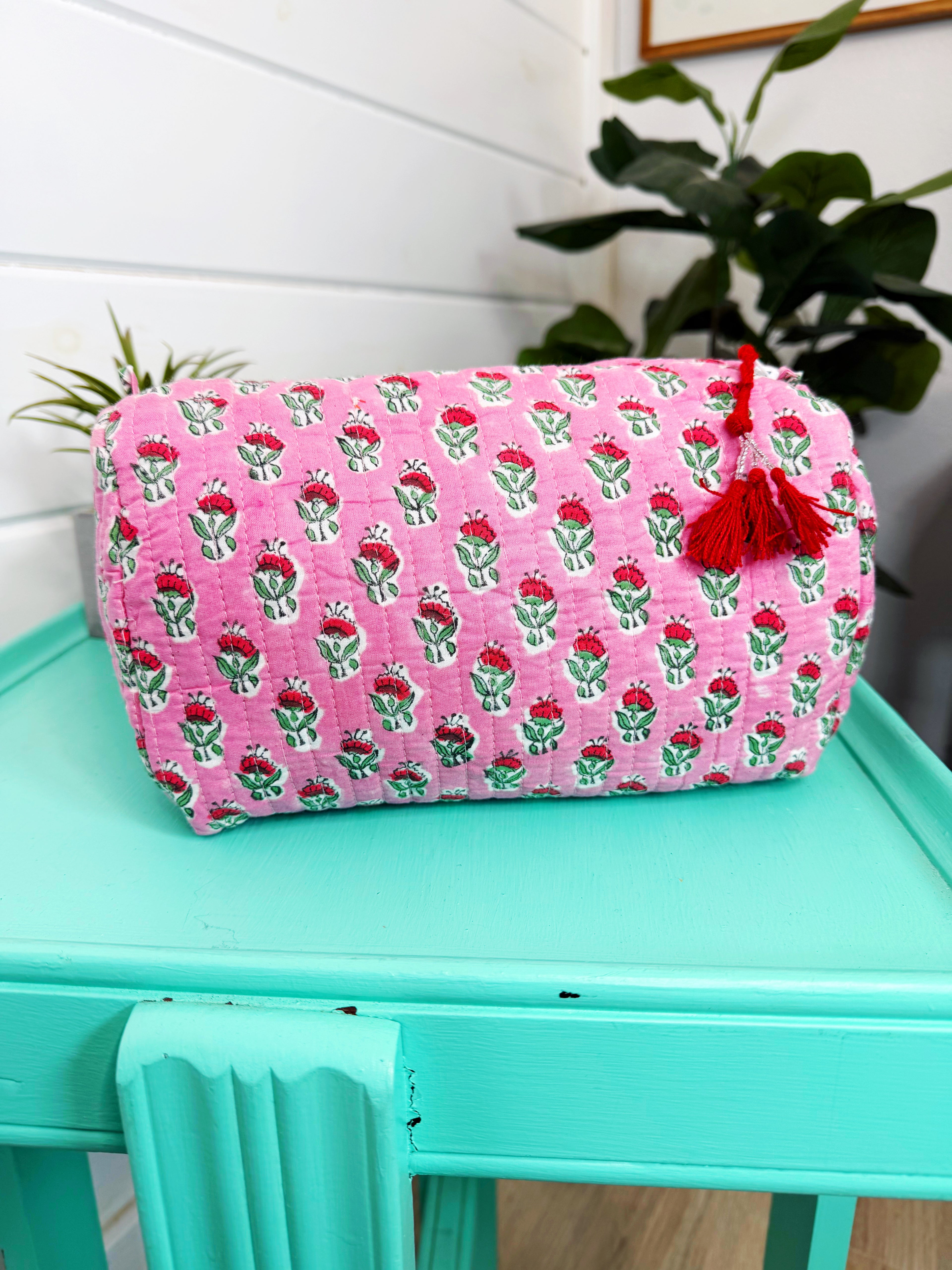 Pink and Red Floral Print Quilted Makeup Cosmetics Toiletry Bag