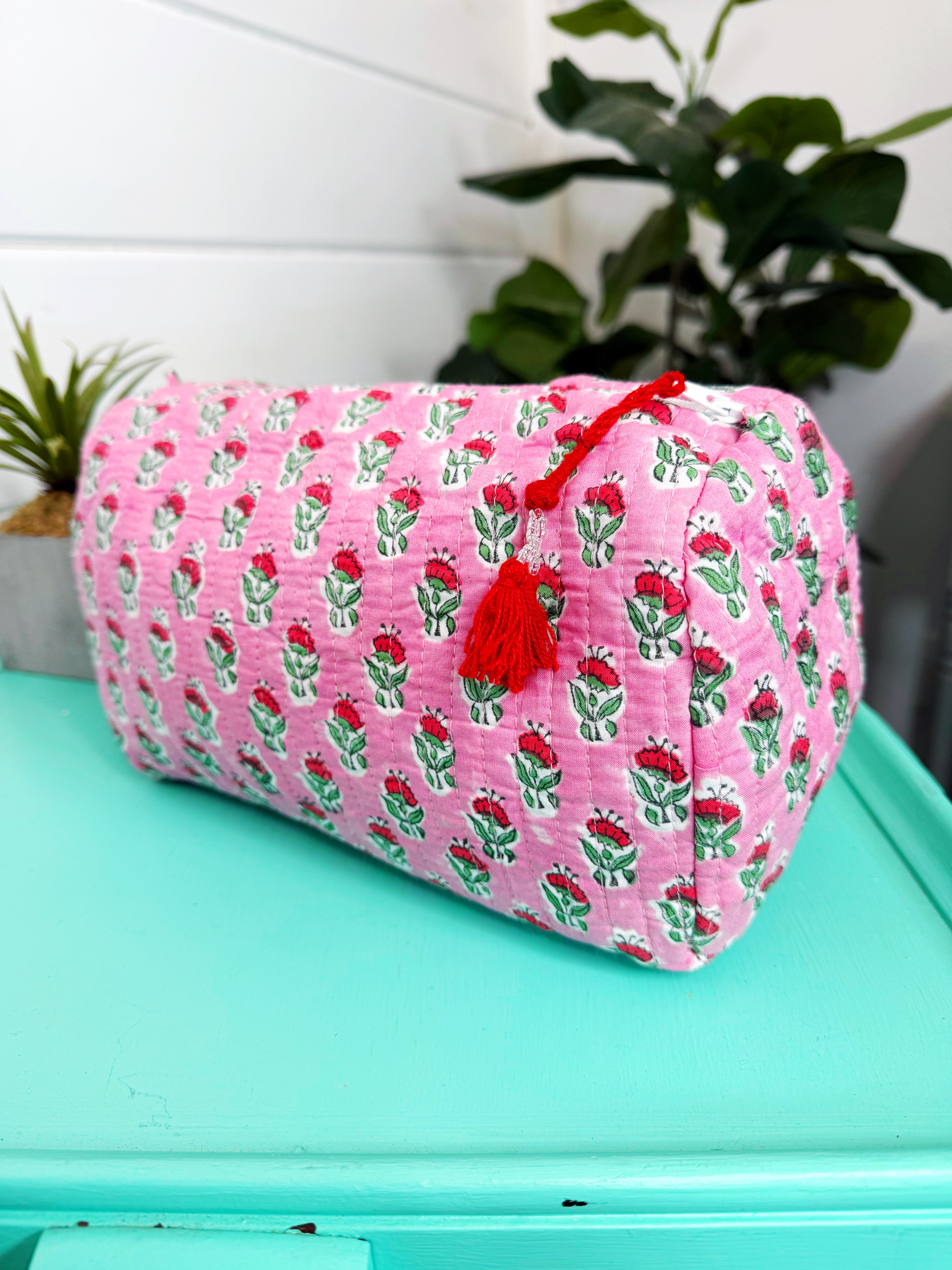 Pink and Red Floral Print Quilted Makeup Cosmetics Toiletry Bag