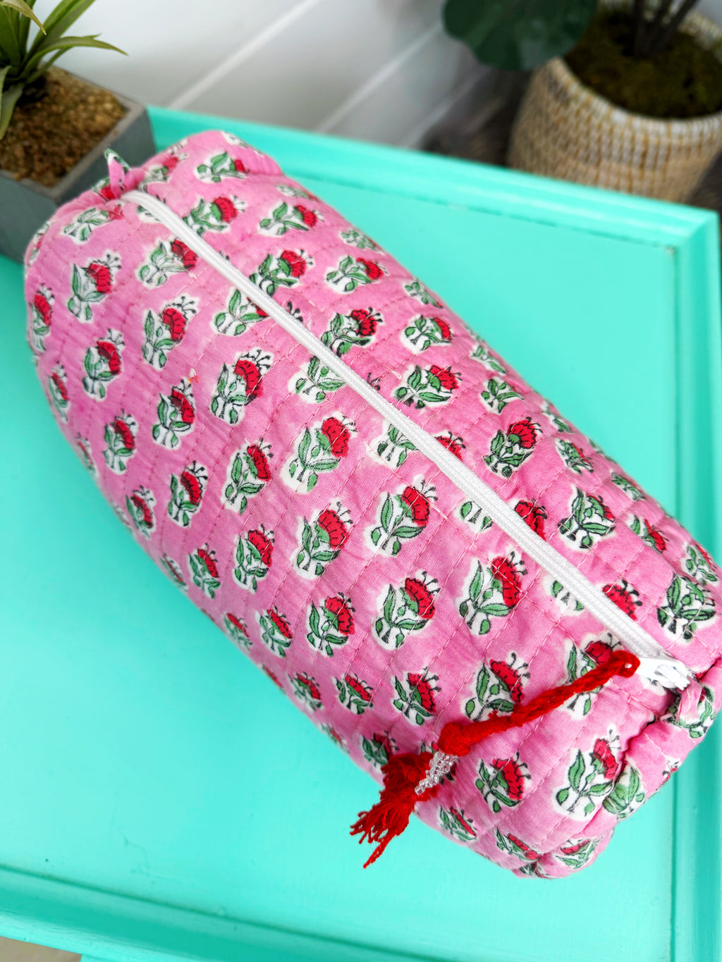 Pink and Red Floral Print Quilted Makeup Cosmetics Toiletry Bag