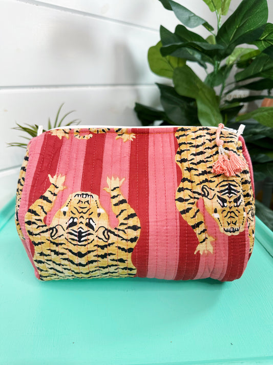 Tiger Print with Cranberry and Blush Stripes Quilted Makeup Cosmetics Toiletry Bag