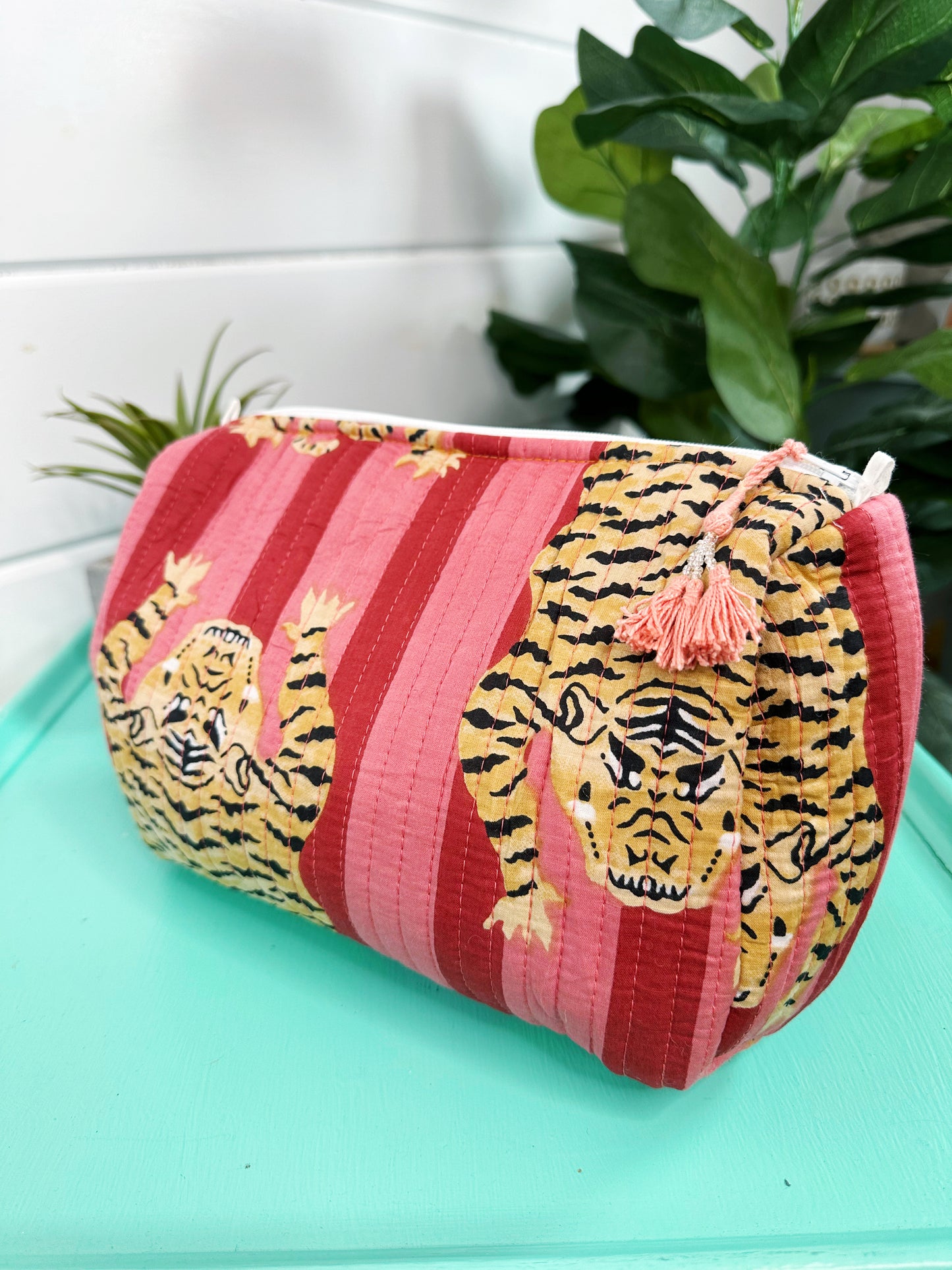 Tiger Print with Cranberry and Blush Stripes Quilted Makeup Cosmetics Toiletry Bag
