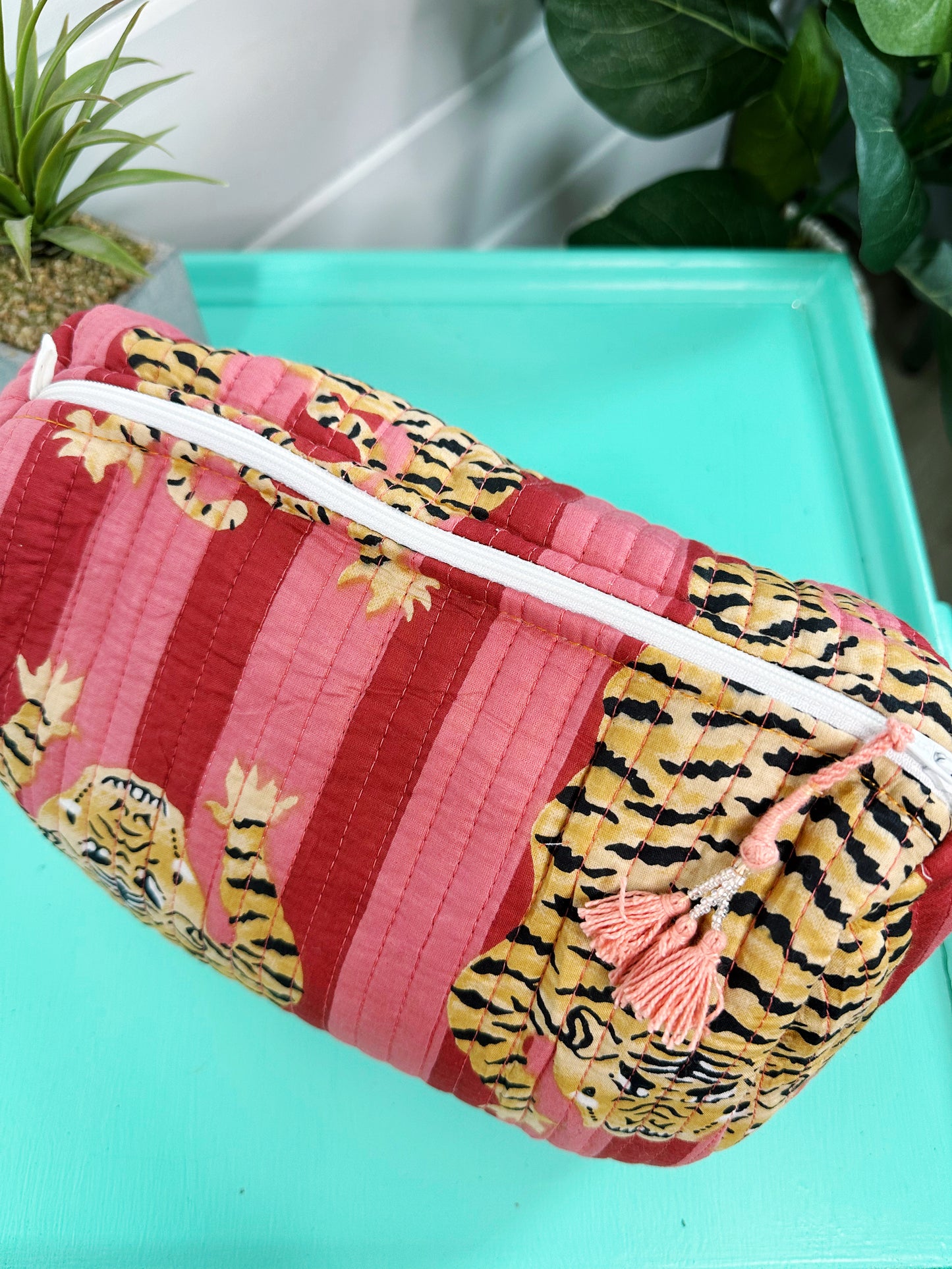 Tiger Print with Cranberry and Blush Stripes Quilted Makeup Cosmetics Toiletry Bag