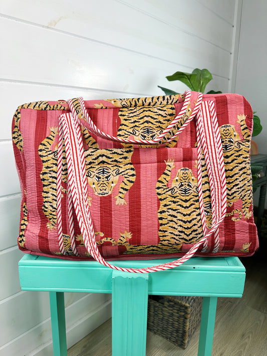 Tiger Print with Cranberry and Blush Stripes Quilted Weekender Overnight Bag