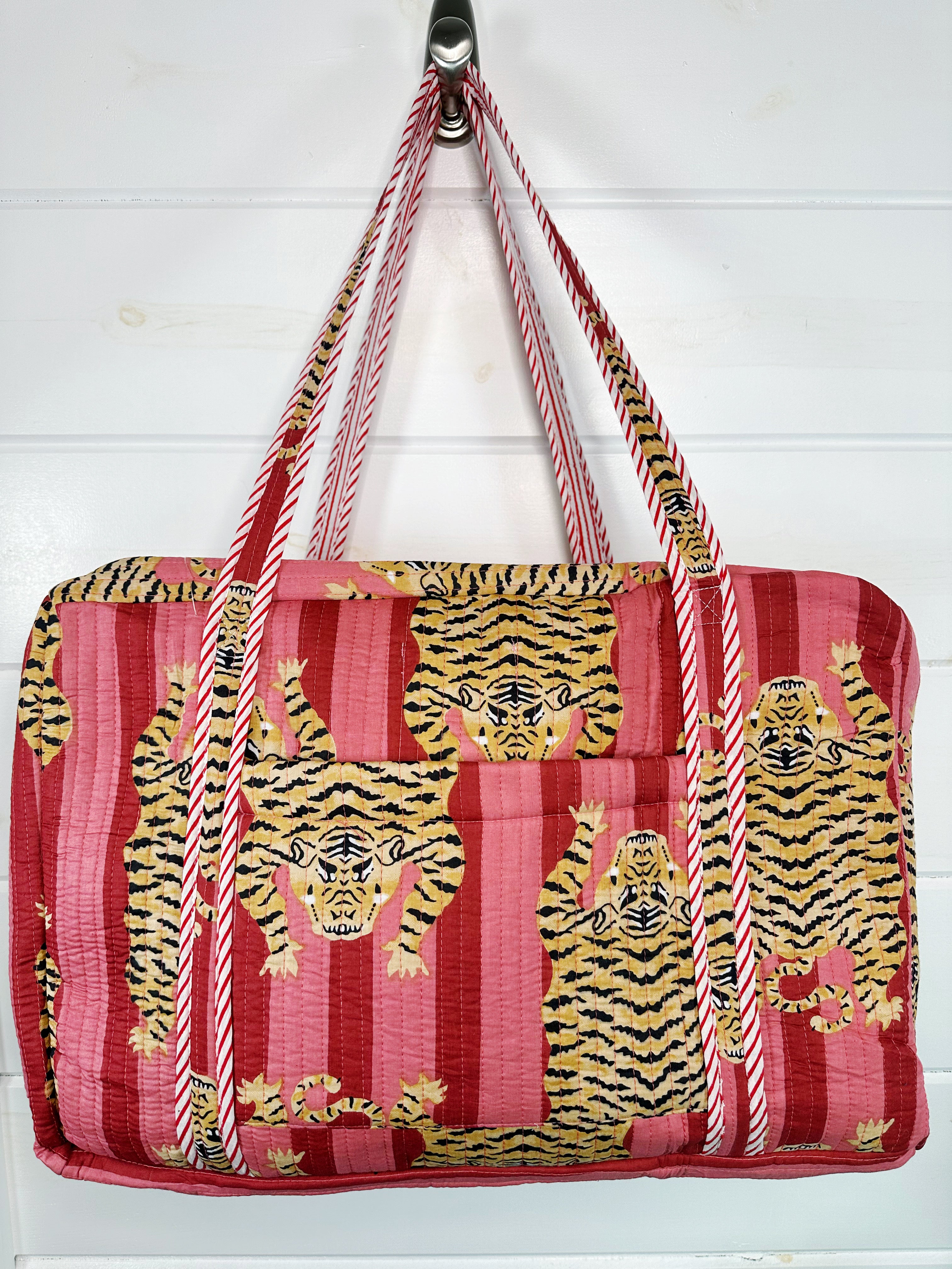 Tiger Print with Cranberry and Blush Stripes Quilted Weekender Overnight Bag