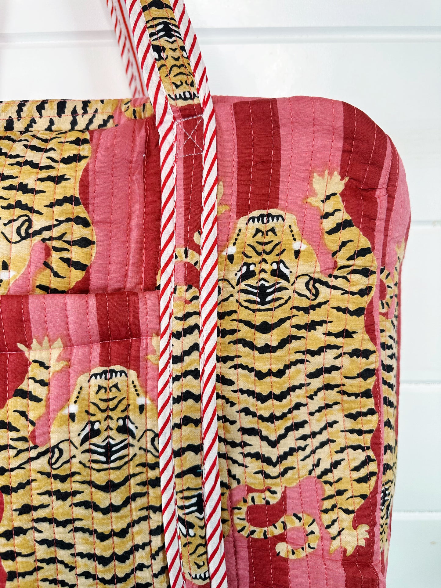Tiger Print with Cranberry and Blush Stripes Quilted Weekender Overnight Bag