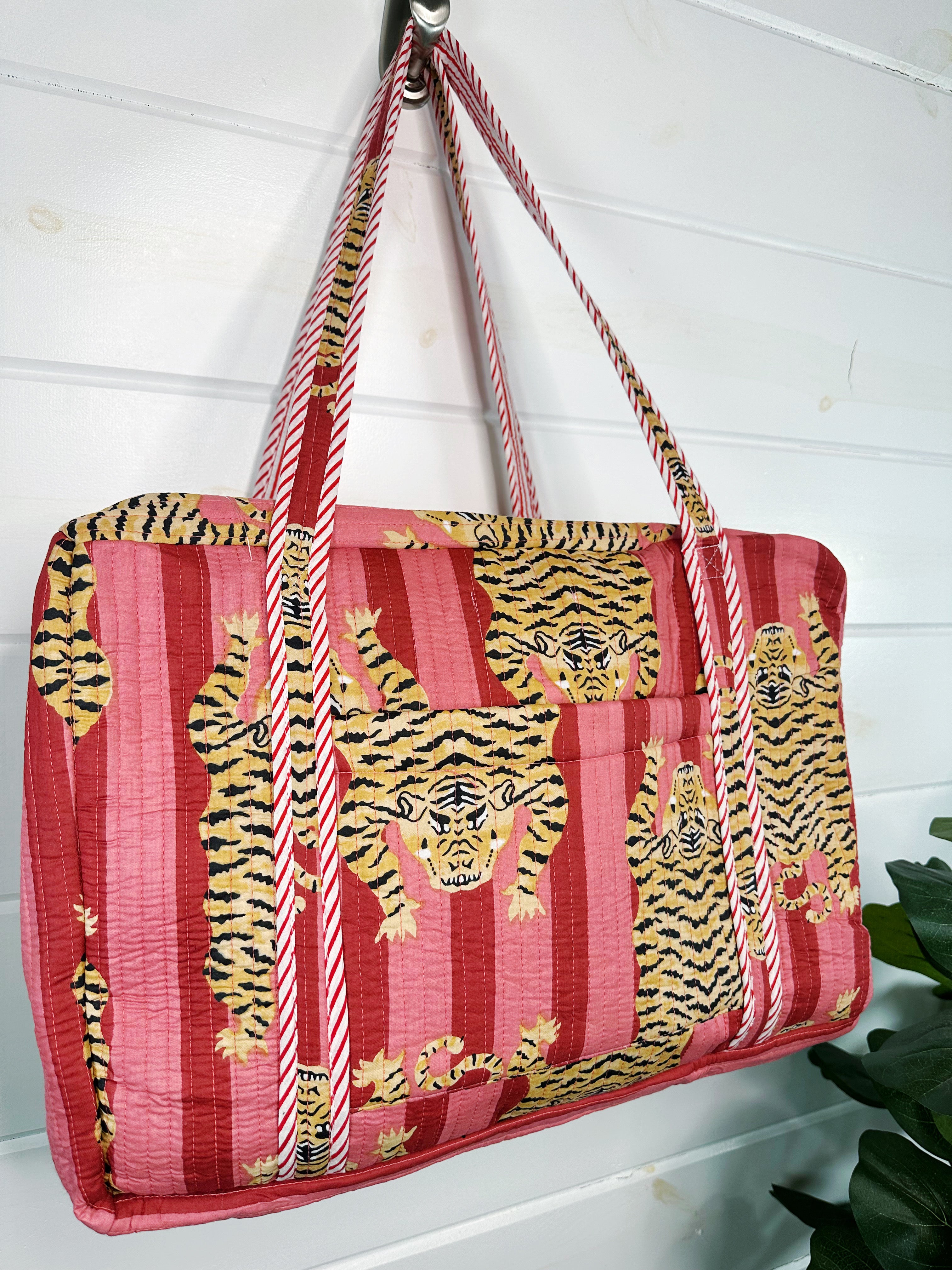 Tiger Print with Cranberry and Blush Stripes Quilted Weekender Overnight Bag