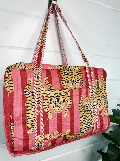 Tiger Print with Cranberry and Blush Stripes Quilted Weekender Overnight Bag