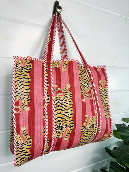 Tiger Print with Cranberry and Blush Stripes Quilted Cotton Reversible Large Tote Bag