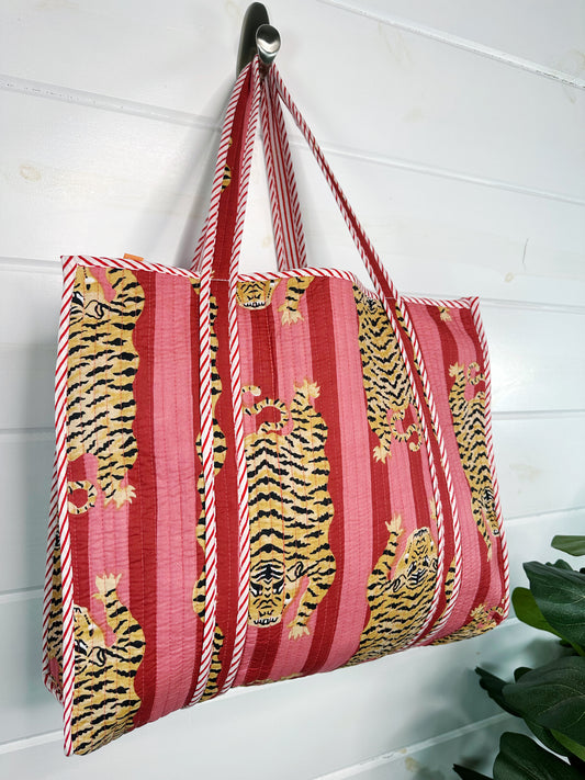 Tiger Print with Cranberry and Blush Stripes Quilted Cotton Reversible Large Tote Bag